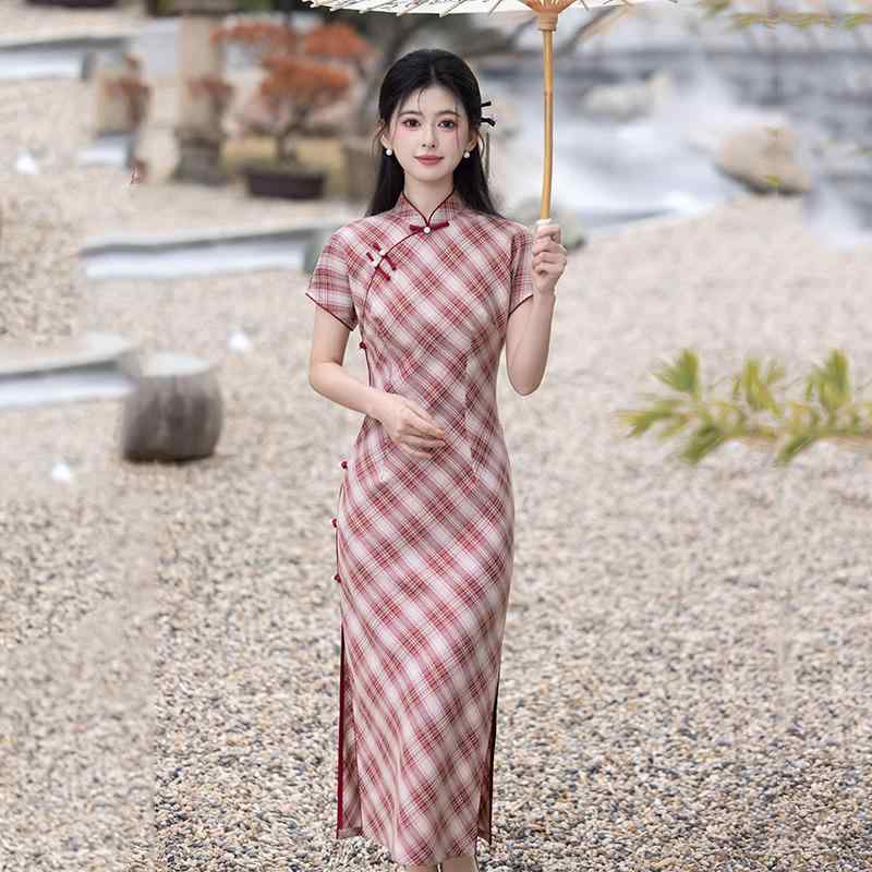 チャイナドレス レディース ロング丈 型 民国風 お嬢様 ヤング 赤 青 茶 チェック柄 ニット ポリエステル スタンドカラー 3/4袖 レトロ 春夏