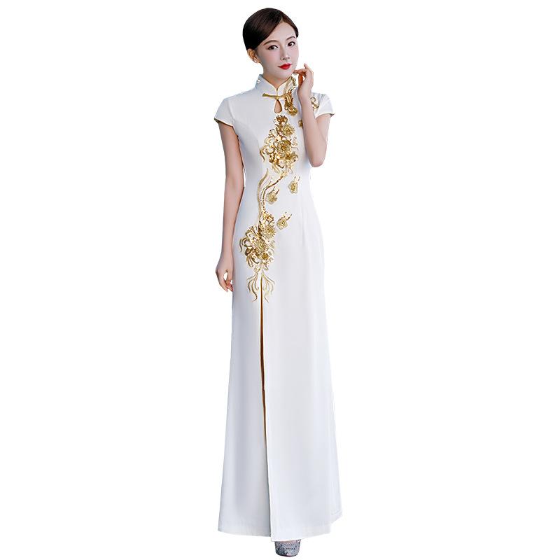 瀬戸ものお召しもの レディース 白 メルマイドライン ロング丈 か細い相応う ヴィンテージ風風 上演お召しもの 高開・楷 3分袖 ポリエステル混 冬用 奥ゆかしい 修身 中国風 レトロ 野球クラブ演芸会 走秀スコート 上演服 斜襟 半高領 単体旗袍 成年者亭主もち 文?表現スタイル レディースファッション-ドレス