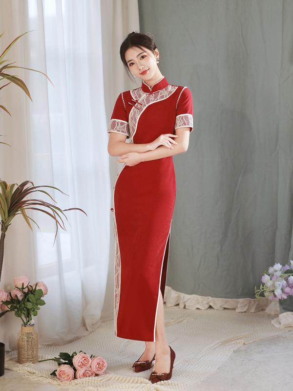 チャイナドレス レディース ロング丈 ハイスリット 三分袖 丸首 ポリエステル かわいい 爽やか スイート 春 ウェディング パーティー フォーマル 結婚式 礼服