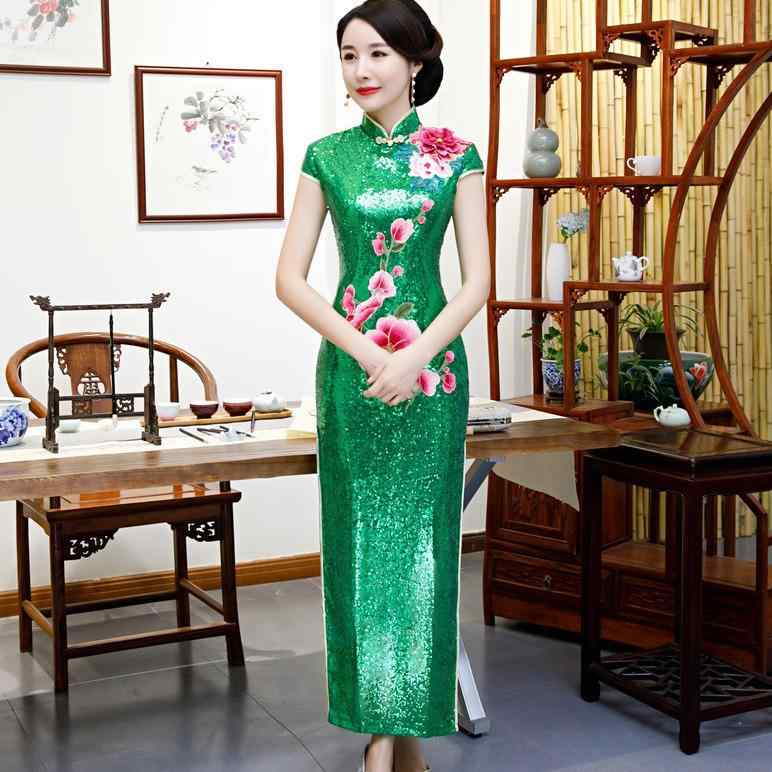 チャイナドレス レディース 短め 丸襟 三分袖 ポリエステル繊維 刺繍 春 赤 紫 緑 レトロ 中国風 ワンピース パフォーマンス ステージ ランウェイ 私服 名媛スタイル かわいい