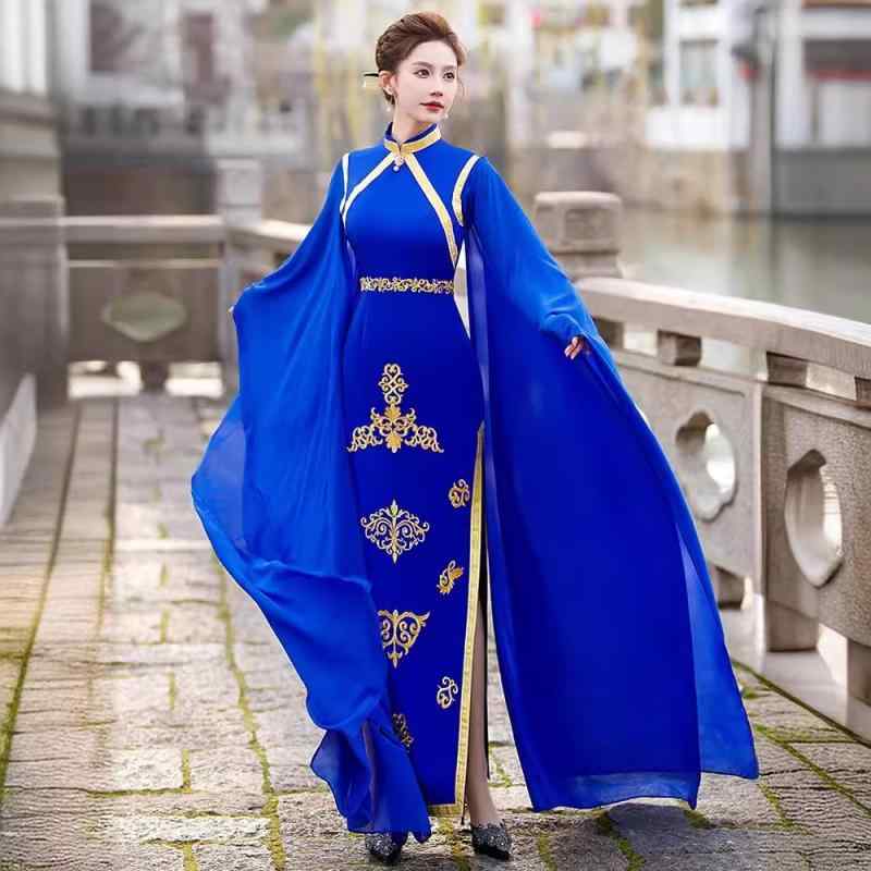 チャイナドレス レディース 宝藍 ロング 大袖 バットスリーブ 刺繍 ケープ 蝶結び リボン 低スリット 直襟 半高領 中国風 レトロ エレガント ステージ 衣装 ポリエステル 春 10,500円