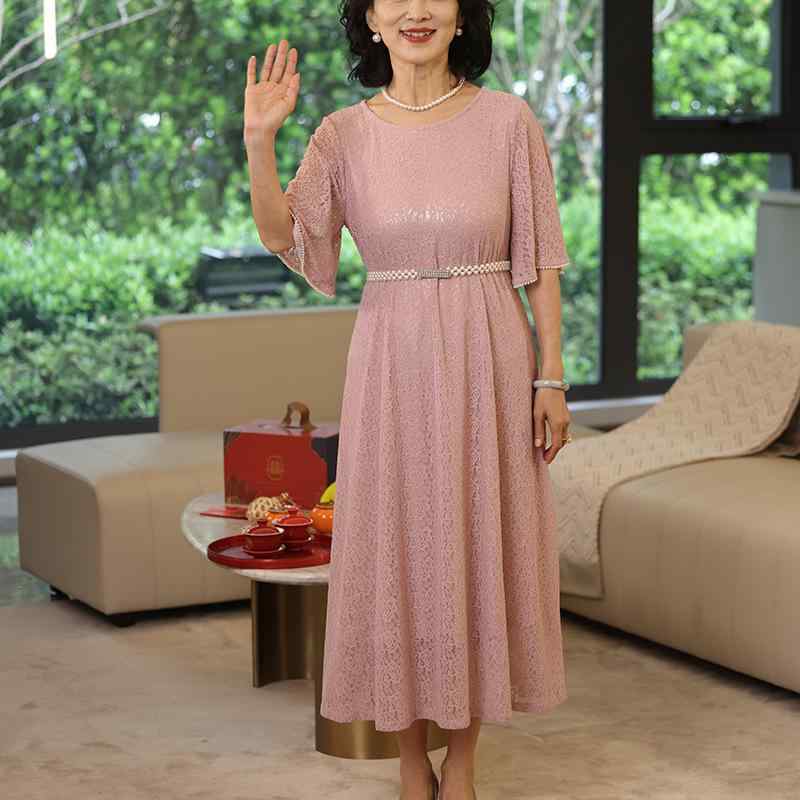 瀬戸ものお召しもの レディース 春夏 薄っぺら ロング衣装 スピード競技 うつり変わり ポリエステル 3/4袖 ラウンドのど首 細長い切口なし 融通性 中国風 レトロ 表現スタイル 御っ母さん 寄り合い 普段使い ドレス-レディースファッション