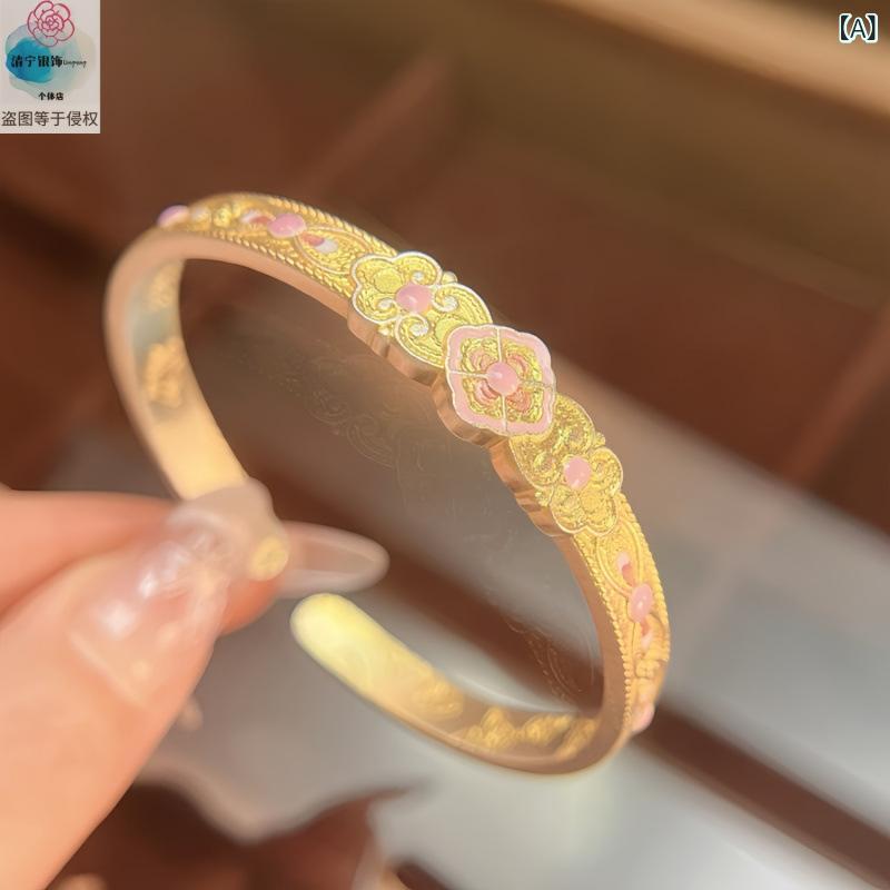 ブレスレット 国風 芍薬 扇子 モチーフ シルバー シルバー 古法描金 エナメル 彩 民族風 ファッション 普段使い かわいい エレガント アクセサリー ジュエリー 華やか