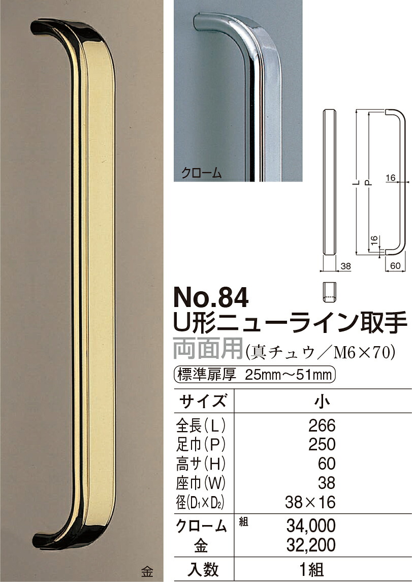 【シロクマ】U形ニューライン取手 両面用 No.84 小 金(数量:1)|おうちまわり 店