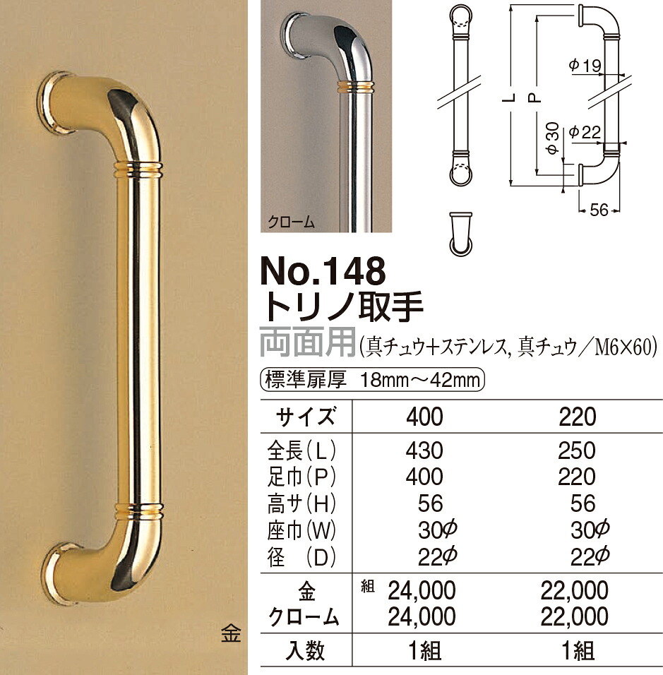 【シロクマ】トリノ取手 両面用 No.148 220mm クローム(数量:1)|おうちまわり 店