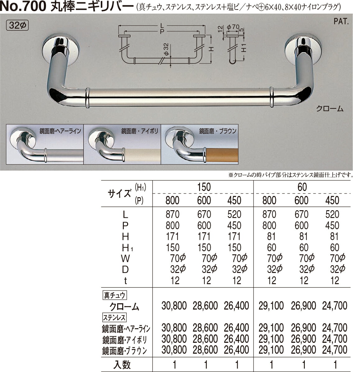 【シロクマ】丸棒ニギリバー No.700 H60×L450 鏡面/HL（数量：1）