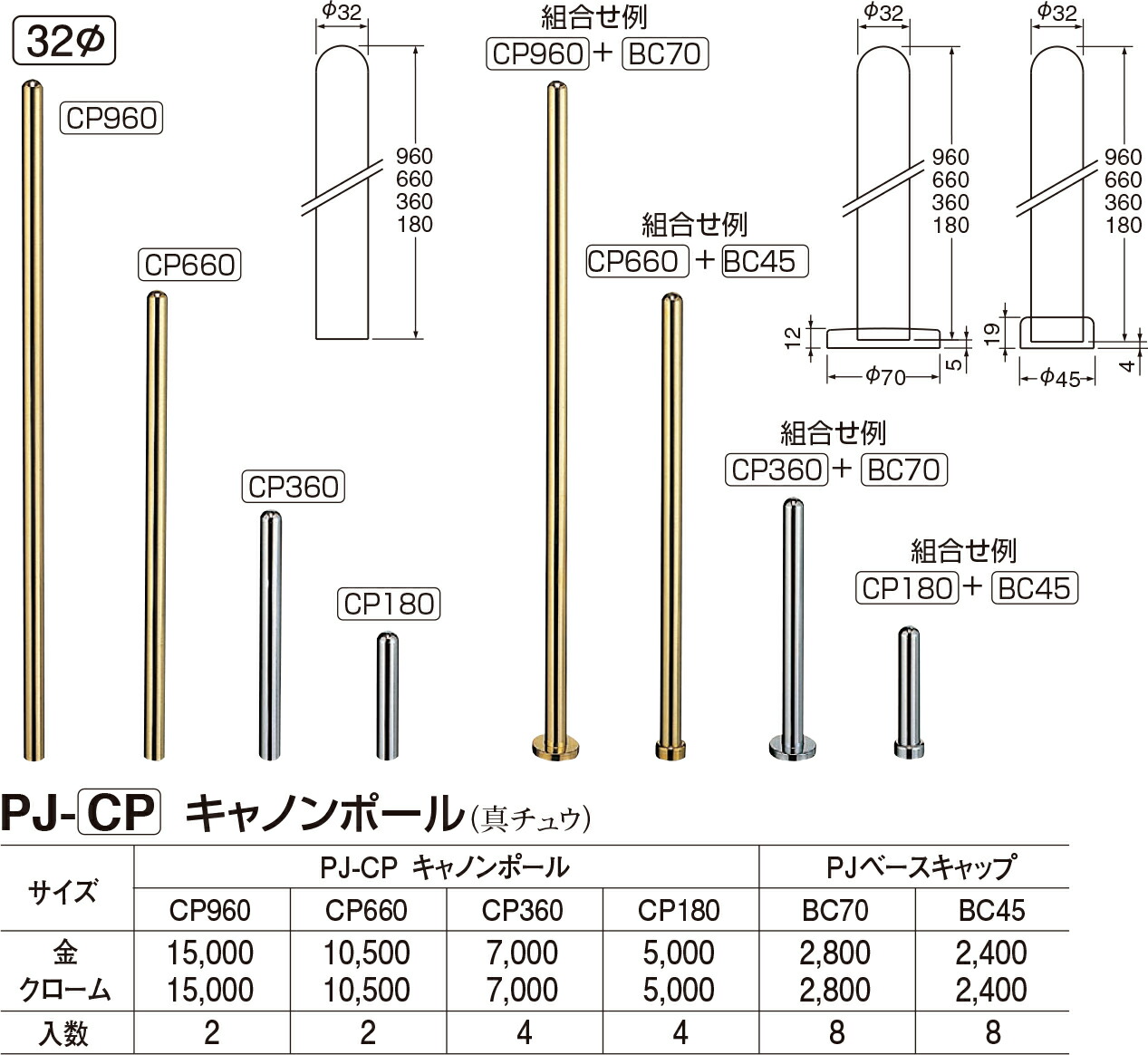 【シロクマ】真鍮キャノンポール PJ-CP 960mm 金（数量：1）