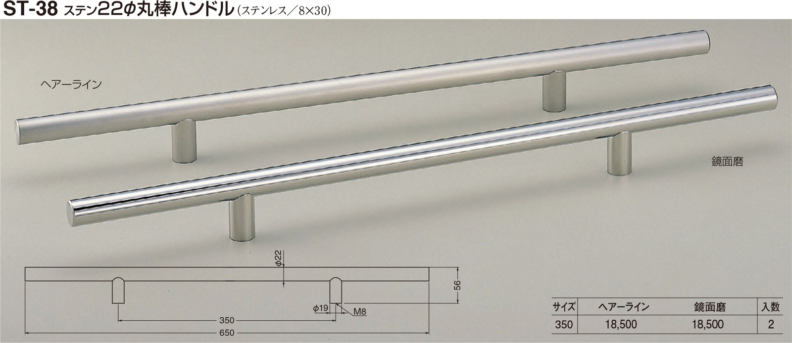 【シロクマ】ステンφ22丸棒ハンドル ST-38 350mm 鏡面（数量：1）｜おうちまわり 店