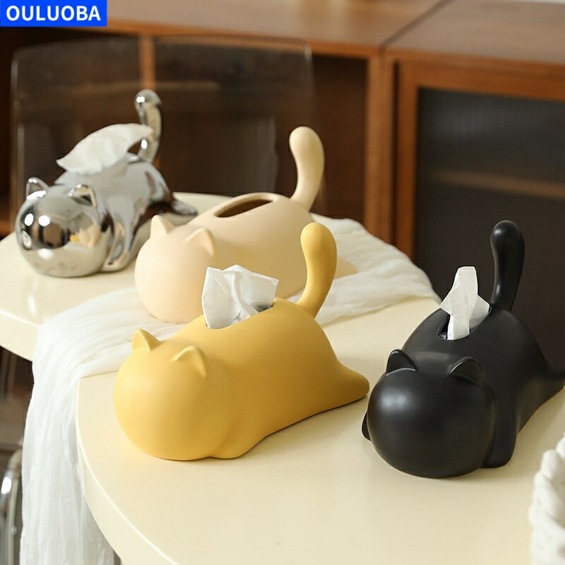 【手作り風 猫モチーフ】陶磁器 ティッシュボックス 紙箱 インテリア 置物 シルバー/薄黄色/ブラック/濃黄色 約15×24.8cm【海外通販】