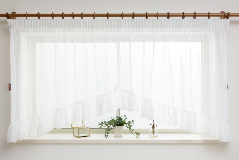 出窓　腰高窓【ボイル&トリムレース　アーチスモックギャザータイプ】ハンドメイド 出窓 腰高窓【ボイル&トリムレース アーチスモックギャザー