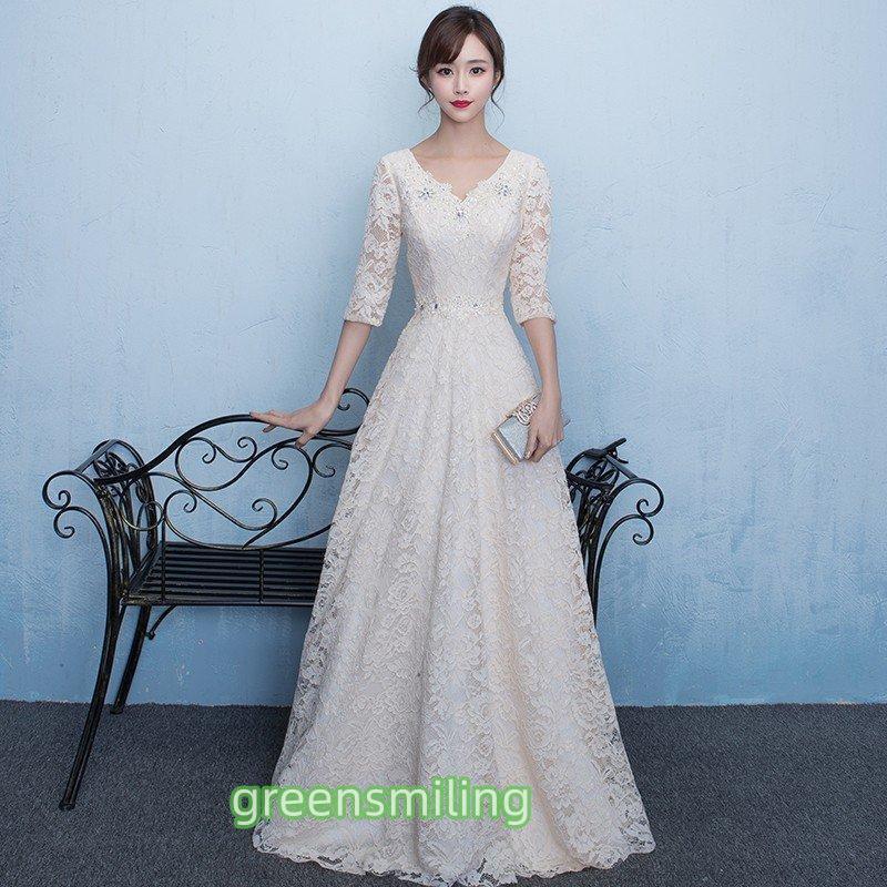 ウエディングドレス aライン オフホワイト 袖あり レース ウェディングドレス 花嫁 結婚式 ブライダル パーティー 二次会 ブライダル ロングドレス 安い