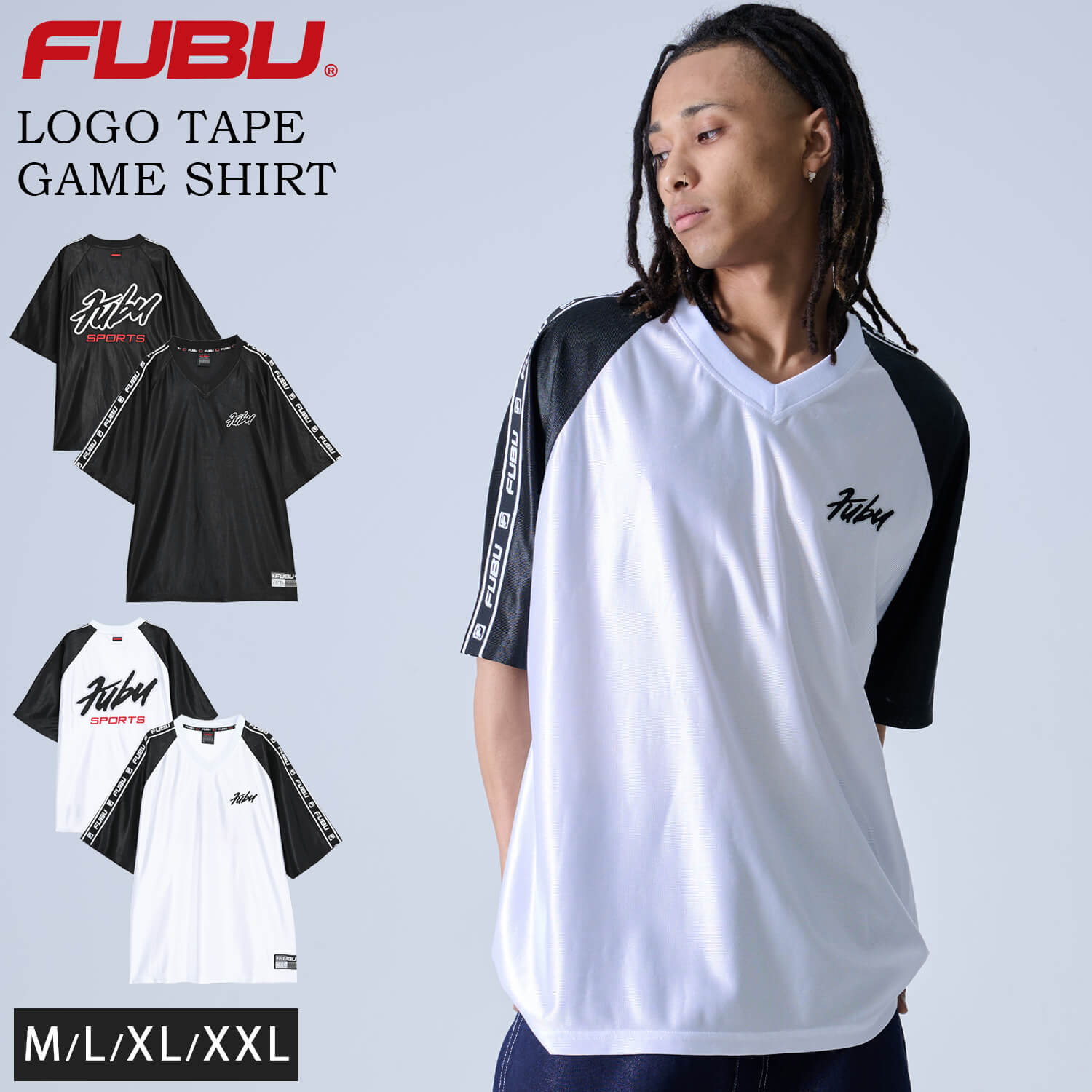 FUBU フブ ゲームシャツ メンズ 半袖 Tシャツ ロゴ ライン サテン Vネック サッカーシャツ フットボールシャツ ユニフォーム オーバーサイズ ビッグシルエット ヒップホップ ダンス ストリート レディース 大きいサイズ XL XXL 春夏 白 黒 karlas
