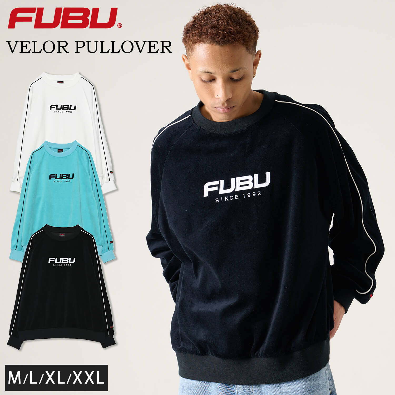 【10%OFFセール】 FUBU フブ ベロア トレーナー メンズ 長袖 春 秋 プルオーバ クルーネック ブランド ロゴ 大きいサイズ ゆったり XL XXL オーバーサイズ コットン アメカジ レディース トップス 黒 白 2026SP karlas