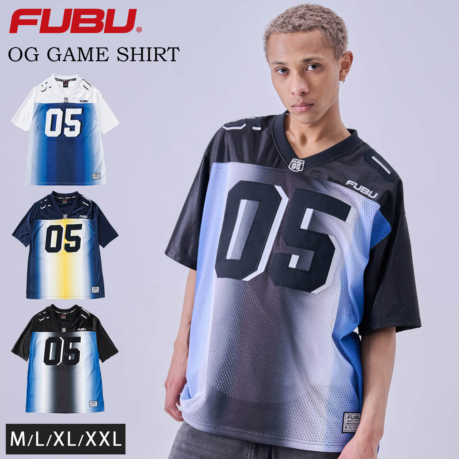 【ポイント5倍】 FUBU フブ ゲームシャツ メンズ 半袖 Tシャツ メッシュ サッカーシャツ フットボールシャツ ユニフォーム ナンバー グラデーション オーバーサイズ ビッグシルエット ヒップホップ ダンス レディース XL XXL 春夏 2026ss Karlas