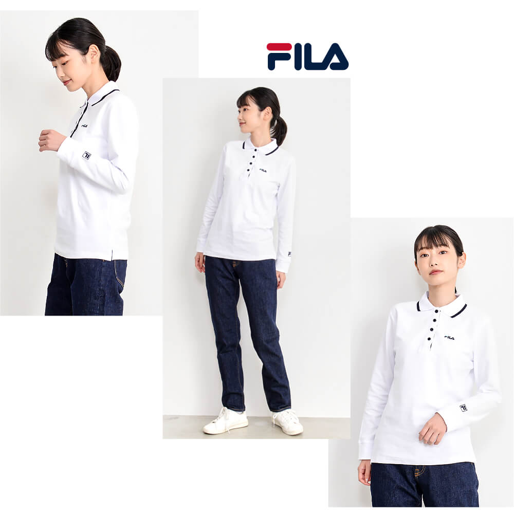 Fila フィラ 長袖 ポロシャツ レディース 鹿の子 カノコ 綿 コットン ドライ 吸汗速乾 おしゃれ かわいい スポーツブランド 21a W新作 送料無料 ゴルフウェア 女性 白 カジュアル 刺繍 ギフト 緑 シンプル ロゴ 春 紺 大人 秋 ネイビー 学生 トップス 黒