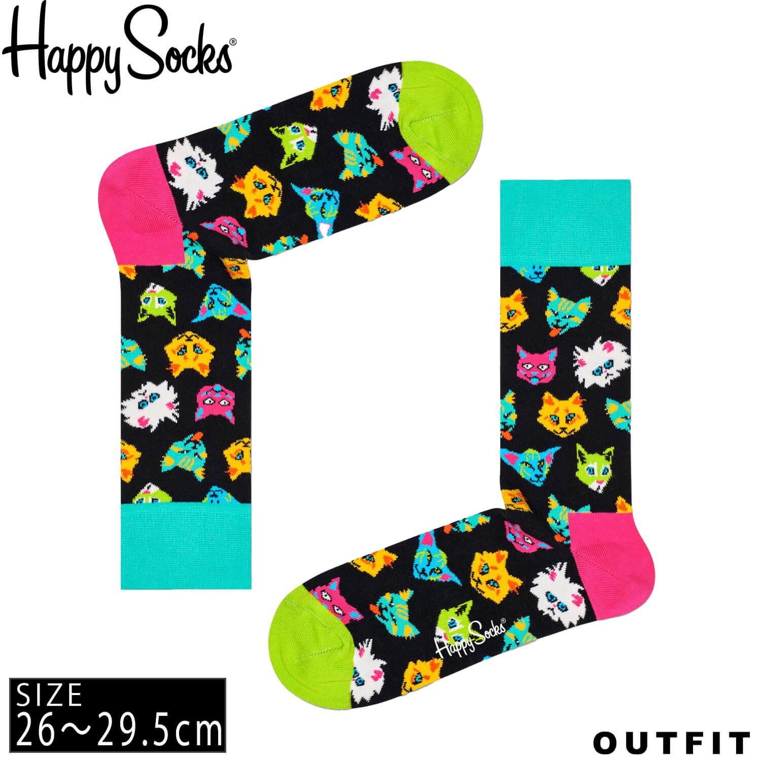 限定特価 Happysocks ハッピーソックス メンズ 靴下 クルー丈 クルーソックス 総柄 派手 カラフル ソックス ユニセックス 男性 綿混 かわいい おしゃれ ブランド ブランドロゴ 大きいサイズ ねこ 猫 キャット 配色切替 ブラック デイリー スポーツ プレゼント ギフト Outfit