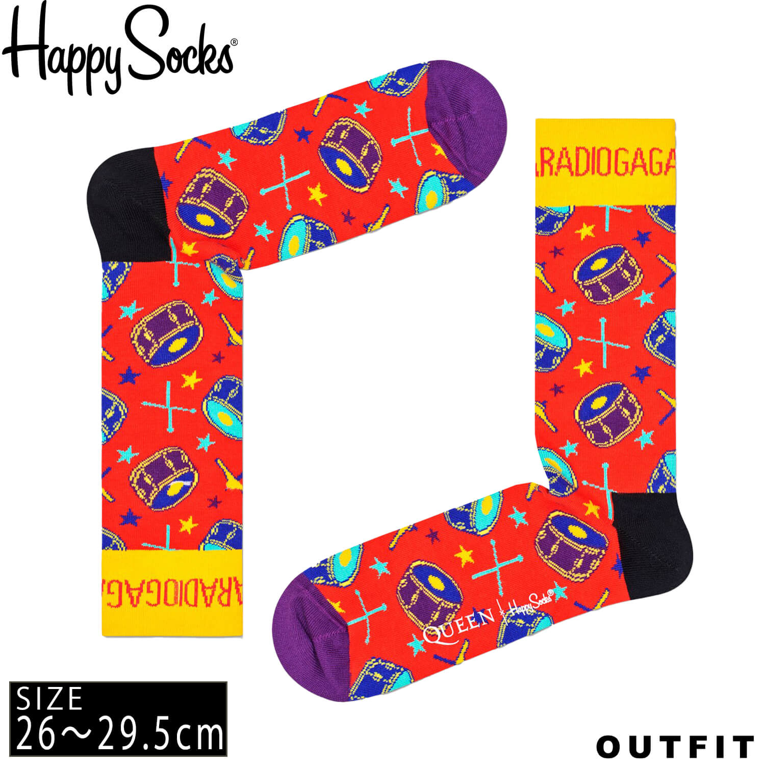 Happysocks ハッピーソックス メンズ 靴下 クルー丈 クルーソックス 総柄 派手 カラフル ソックス ユニセックス 男性 紳士 綿混 かわいい おしゃれ ブランド ブランドロゴ 大きいサイズ 太鼓 ドラム 音楽 レッド デイリー スポーツ プレゼント ギフト Outfit 高級ブランド