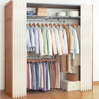 Outlet F Closet Width 200 Cm 2 Stage Telescopic Storage Hanger Rack Closet Width 200 Cm 2 Stage Telescopic Storage Hanger Rack Double Curtain With Wooden Covered Wardrobe Clothing Shelving Shelf Hangers
