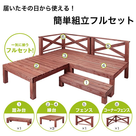 売れ筋がひ新作 庭先のスペースを有効活用 設置簡単ウッドデッキ6点セット 天然木 ウッドデッキ キット ウッドデッキセット ステップ フェンス ウッドデッキ ガーデンデッキ ウッドデッキセット Diy 組立キット 木製 ガーデンファニチャー 割引華麗