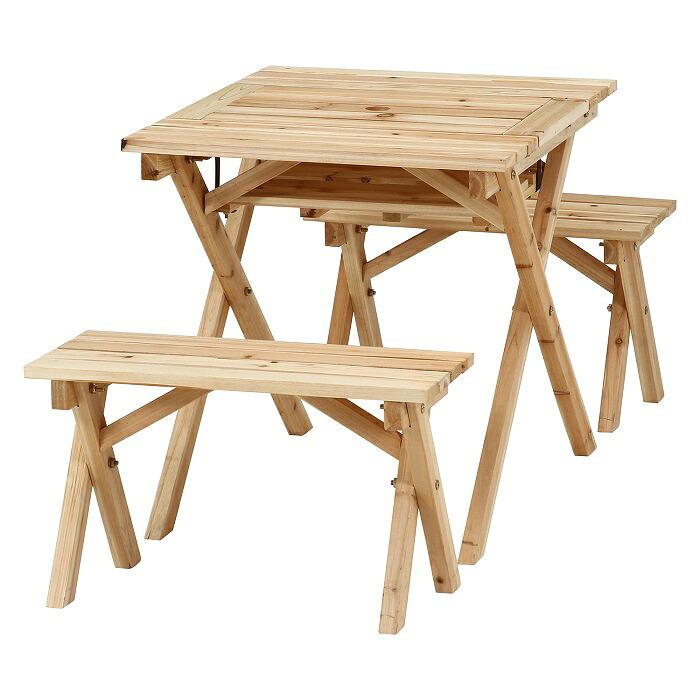 ガーデンテーブルセット 3点セット BBQテーブル&ベンチセット 幅62cm テーブル ベンチ2台 セット 天然木 パラソル用穴付 ガーデンファニチャー ガーデンベンチガーデンチェアーセット ミニ コンパクト ナチュラル
