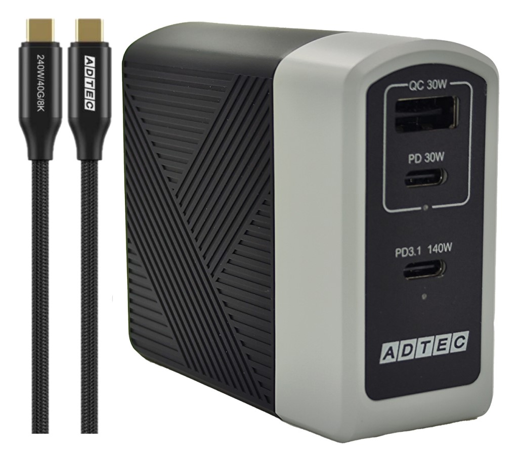 【新品/取寄品/代引不可】Power Delivery 3.1対応 GaN AC充電器/140W/USB Type-C 2ポート Type-A 1ポート/ブラック & Type-C to Cケーブルセット APD-A140AC2-WC24-BK