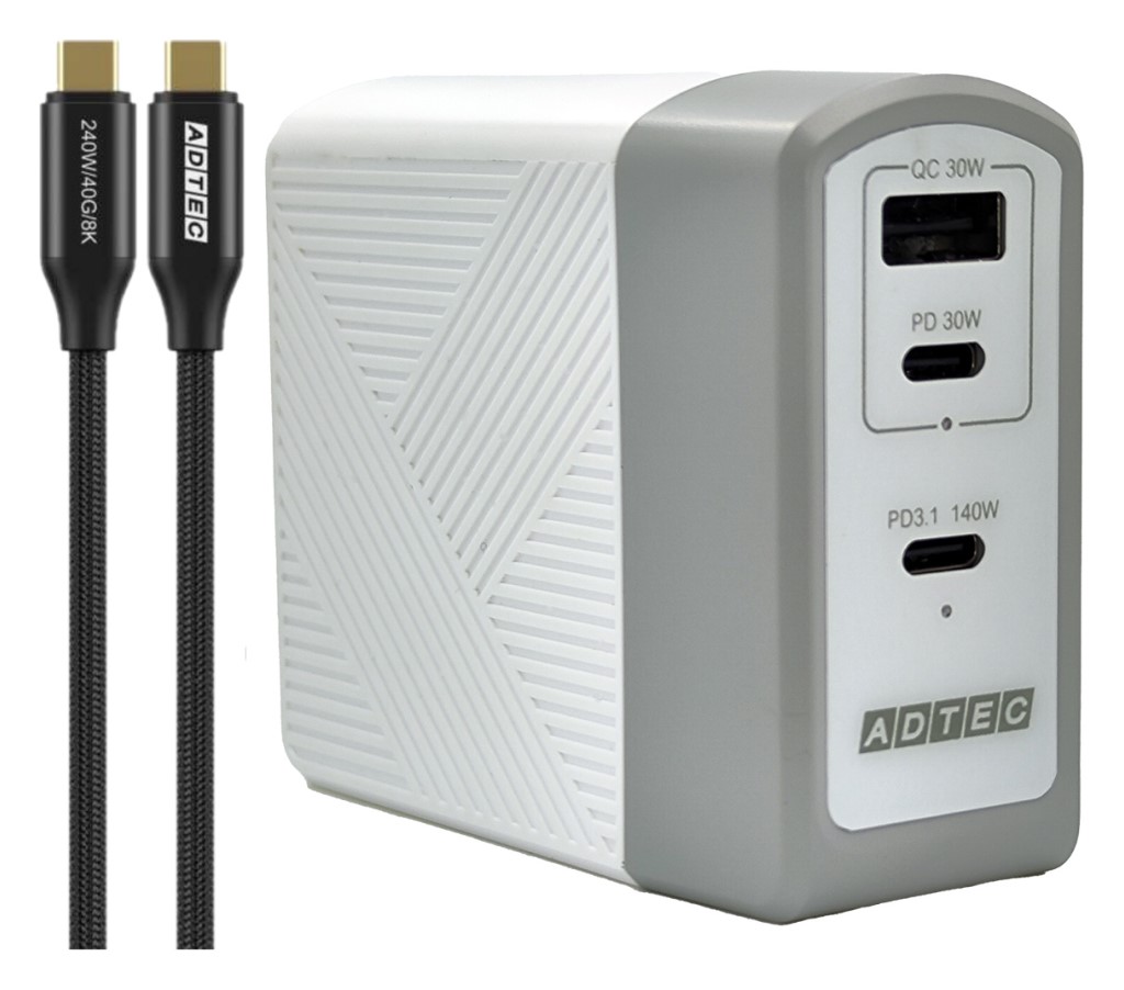 【新品/取寄品/代引不可】Power Delivery 3.1対応 GaN AC充電器/140W/USB Type-C 2ポート Type-A 1ポート/ホワイト & Type-C to Cケーブルセット APD-A140AC2-WC24-WH