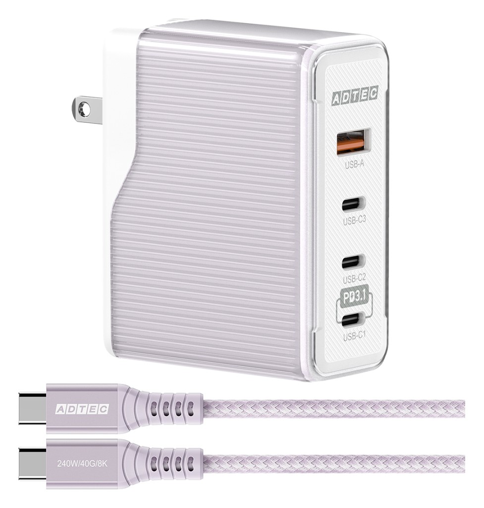 【新品/取寄品/代引不可】Power Delivery 3.1対応 GaN AC充電器/150W/USB Type-C 3ポート Type-A 1ポート/パープル & Type-C to Cケーブルセット APD-V150AC3-PU-CU4G3