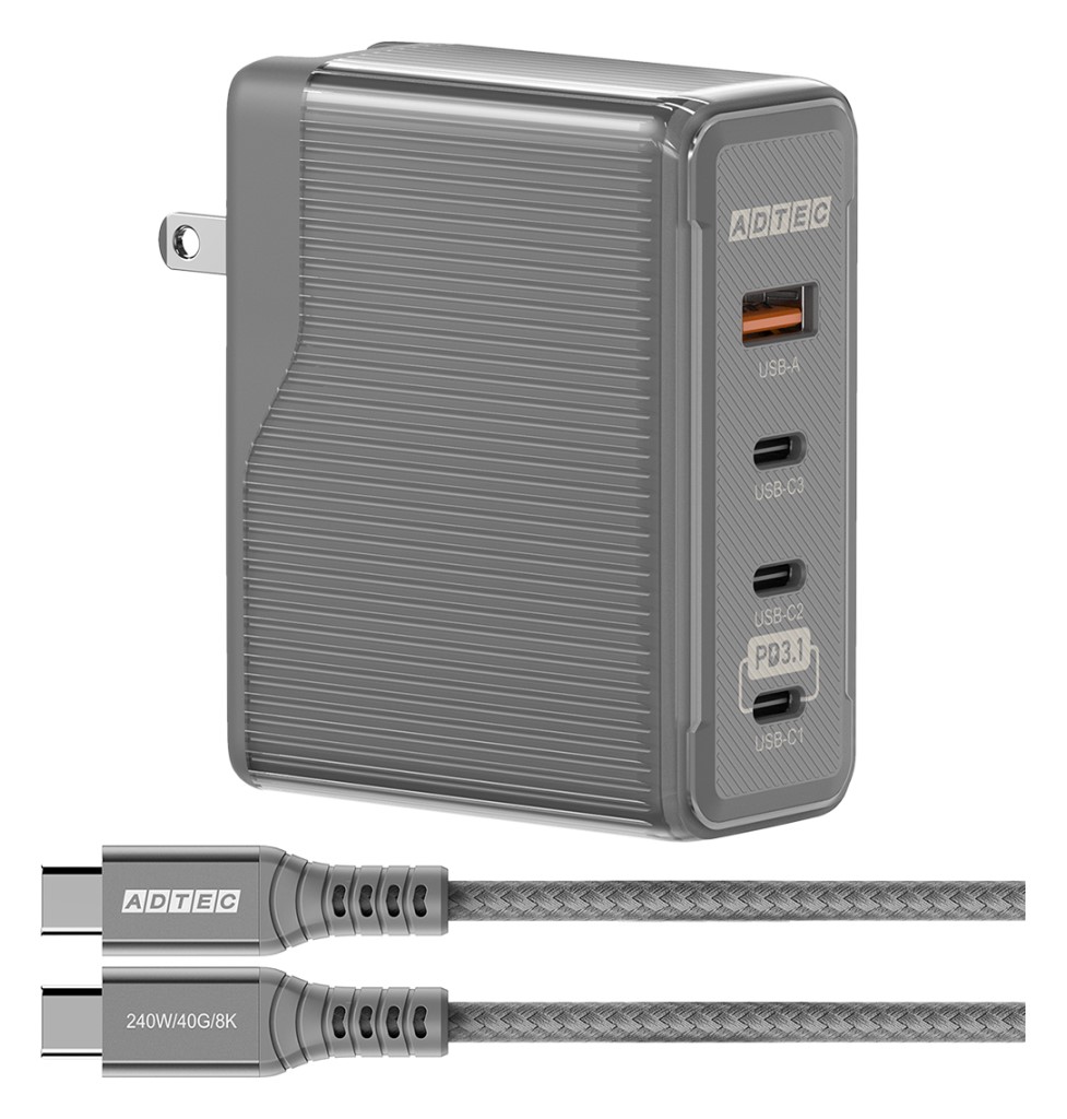 【新品/取寄品/代引不可】Power Delivery 3.1対応 GaN AC充電器/150W/USB Type-C 3ポート Type-A 1ポート/ブラック & Type-C to Cケーブルセット APD-V150AC3-BK-CU4G3