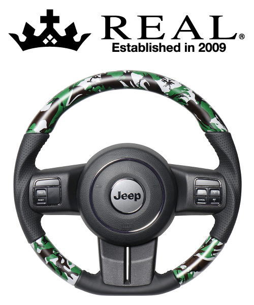 【エントリーでポイント10倍】REAL STEERING オリジナルシリーズ ジープ ラングラー 後期 JK38S用 カラー：グリーン迷彩プリント (JPA-MDT-BK)【ハンドル】【自動車パーツ】 レアル ステアリング