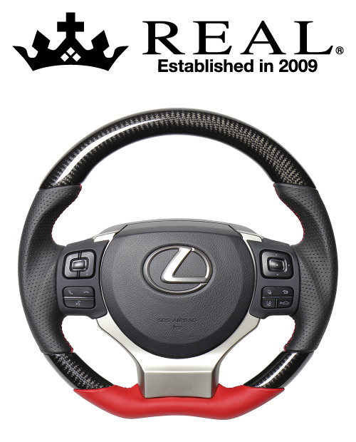 REAL STEERING オリジナルシリーズ 平行カット レクサス RC 前期 10系用 カラー：ブラックカーボン&ダークワインレザー(LXC-BKC-RD)【ハンドル】【自動車パーツ】レアル ステアリング｜矢東アウトレットショップ