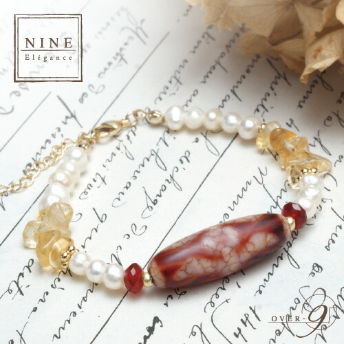 選べる 朱砂老礦石天珠×淡水パールブレスレット NINE-Elegance-