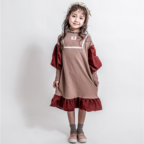 40%OFFセール SALE モル 子ども服 長袖ワンピース 90cm-150cm MOL balloon sleeve one piece バルーンスリーブワンピース ブラウン メール便不可 2024秋冬 キッズ ジュニア 子供服 mol room モルルーム画像