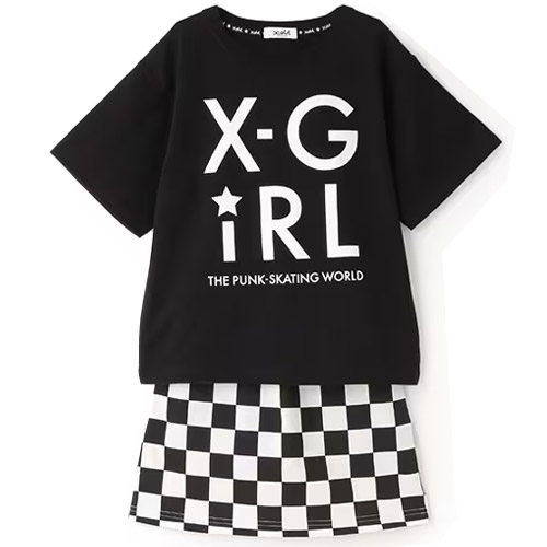 40%OFFセール SALE X-girl Stages 子ども服 90-140cm エックスガールステージス ロゴT+ブロックチェック柄スカートセット クロ ブラック メール便OK 2025春夏 XGIRL エックスガール キッズ 半袖Ｔシャツ+スカート 子供服