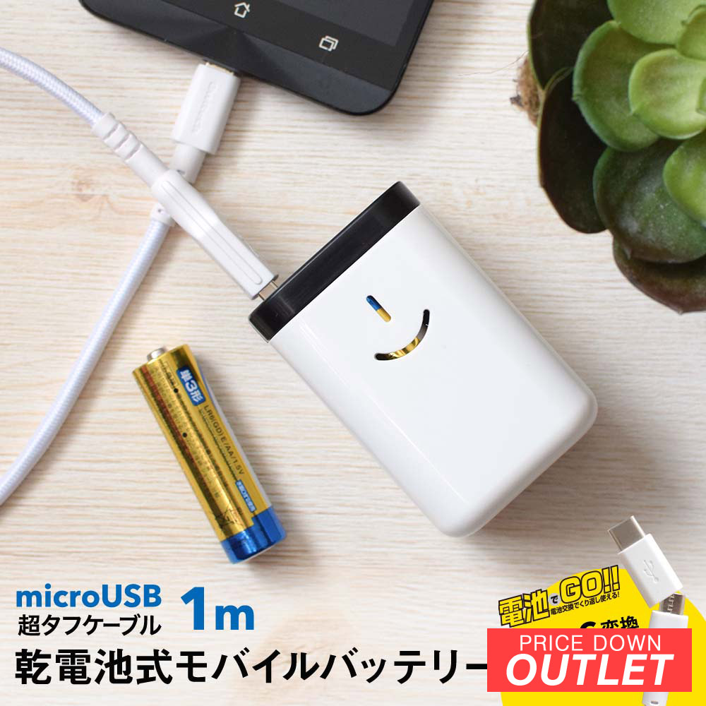 【アウトレット商品】乾電池式モバイルバッテリー 超タフケーブル＆USB Type-C変換コネクタ付き すぐに使える 電池でGO 防災グッズ  オウルテックダイレクト