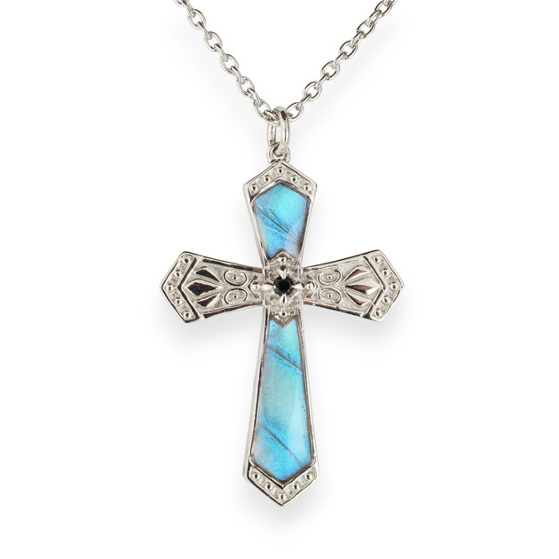 (Psyche/現品) 本物の蝶の翅 クロスデザイン ネックレス [ゼフィリティスモルフォ][zps070r-zep] 19,305円
