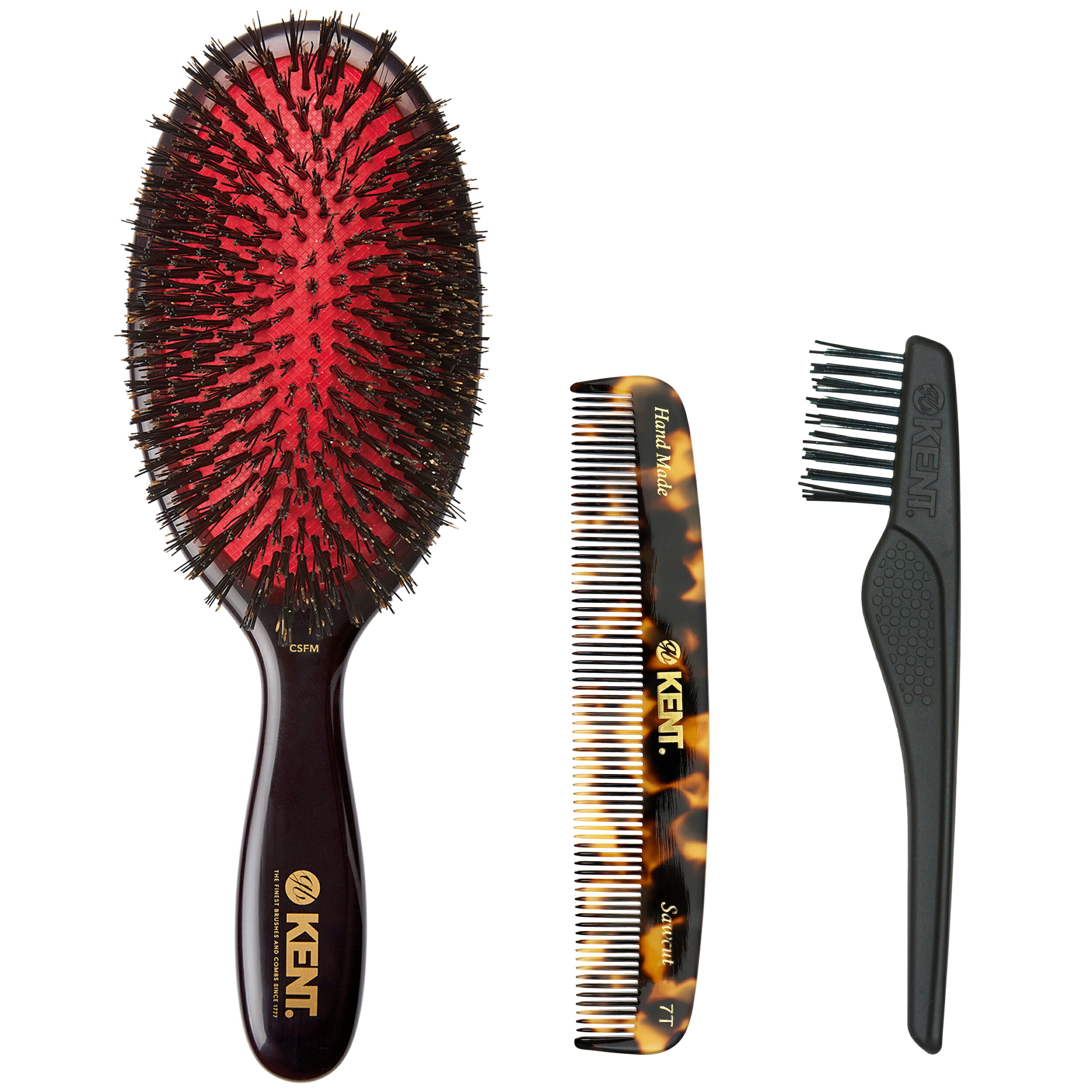 【公式】GB KENT ケント 英国王室御用達 高級豚毛ヘアブラシ&ヘアコーム ギフトセット 公式プレゼントボックス クリーニングブラシ付き ミディアムブリッスルクッションヘアブラシ ハンドメイドヘアコーム 静電気抑制 ツヤ ダメージケア HCSET-CSFM-7TLP