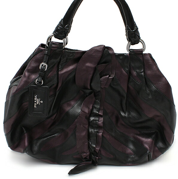 【中古】新品同様 プラダ VITELLINO MORDO BR3983 レザー ハンドバッグ パープル＆ブラック PRADA 49,500円