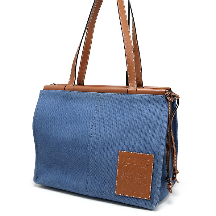 ロエベ クッショントート ラージ ショルダーバッグ トートバッグ キャンバス レザー ブルー LOEWE