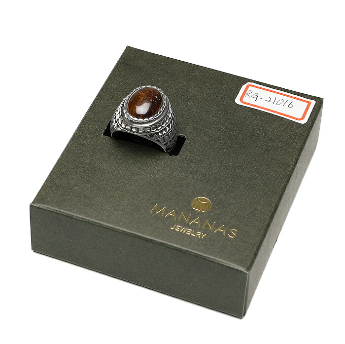 MANANAS Jewelry（マナナス 宝飾品）Armadilo Tri Stone Ring しろがね色輪っか タイガーアイ 19号