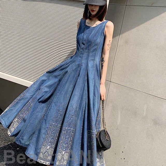 デニム ロングワンピース 大きいサイズ デニム ワンピース 夏 フレアスカート マキシワンピース Aライン 刺繍 ロング丈 3L 4L レディース カジュアル ノースリ 新生活 母 彼女 プレゼント ギフト|おやま商店店