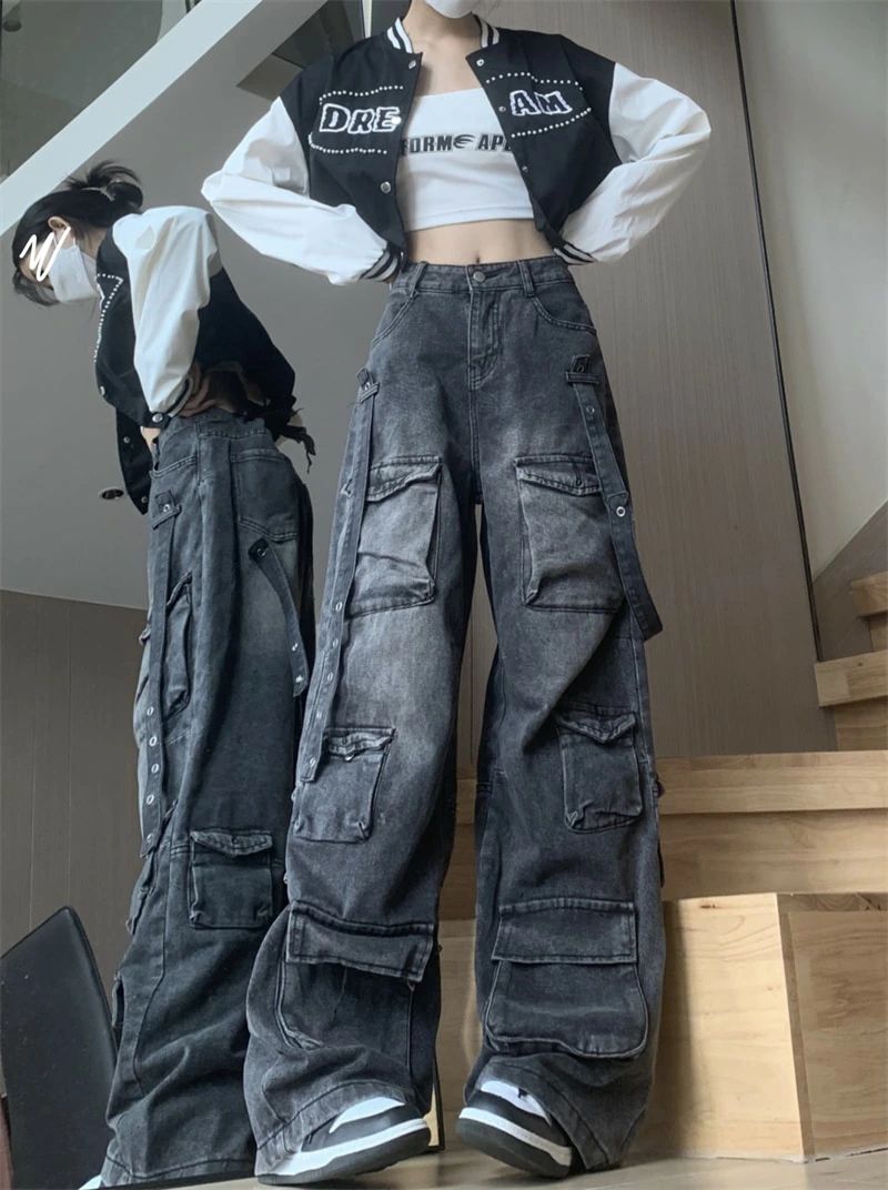 デニムパンツボトムスハイウエストジーズファクション系表現スタイルどるダボジンズシルエット産業ぷっくりレディースカジュアルタイ