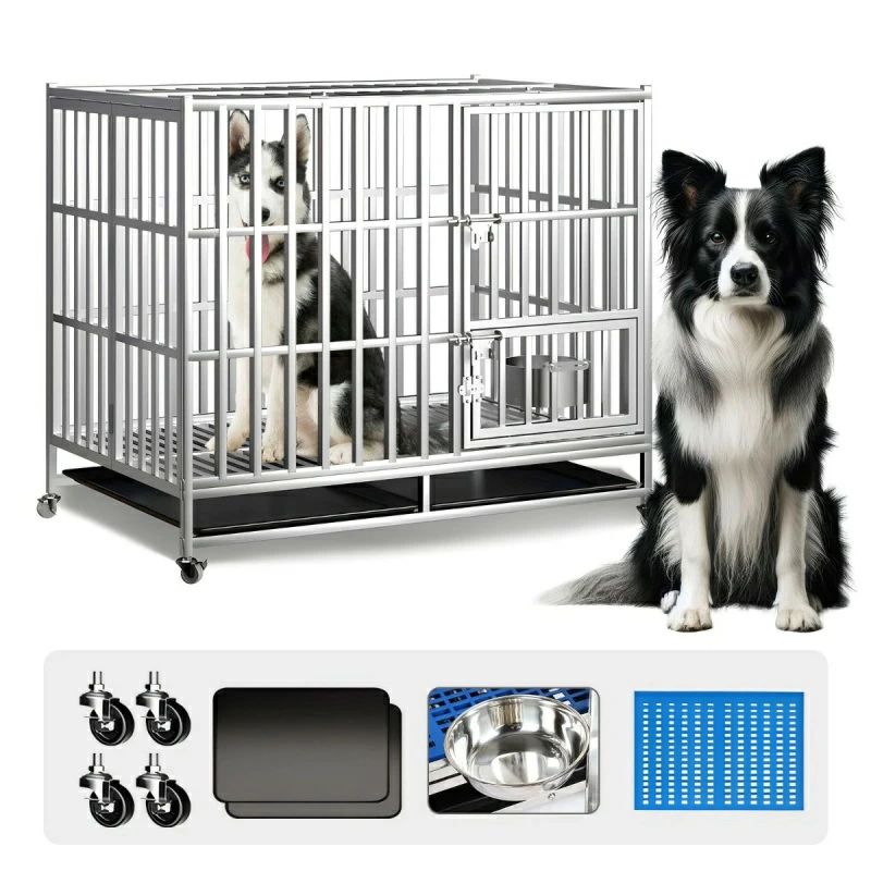 犬 ケージ 小型犬 中型犬 大型犬 ステンレス鋼製 犬ゲージ 頑丈な犬用ケージ 犬小屋 折り畳み式 ダブルドア/トレー/マット/給餌|おやま商店店