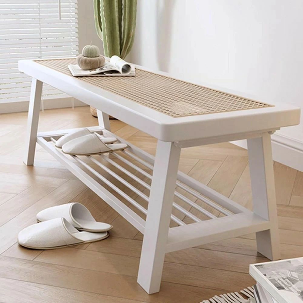 玄関の靴ベンチ、ベッドの端のベンチ、籐の 木製ベンチ、廊下のリビングルーム用の靴ラック(Beige 100cm/39.4in)|おやま商店店