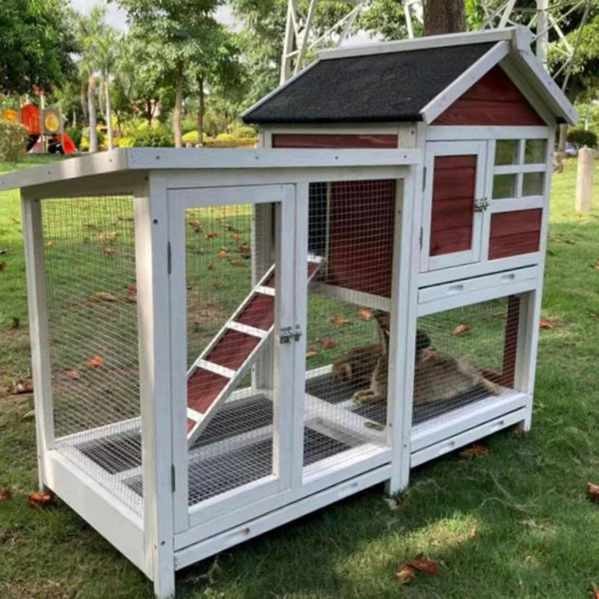 大型木製室外鶏掘っ立て小屋、伏せ籠と鶏伏せ籠、通気性のある二層間隔文字、洗い濯ぎが飾り気の無い、家禽に適しています(赤)