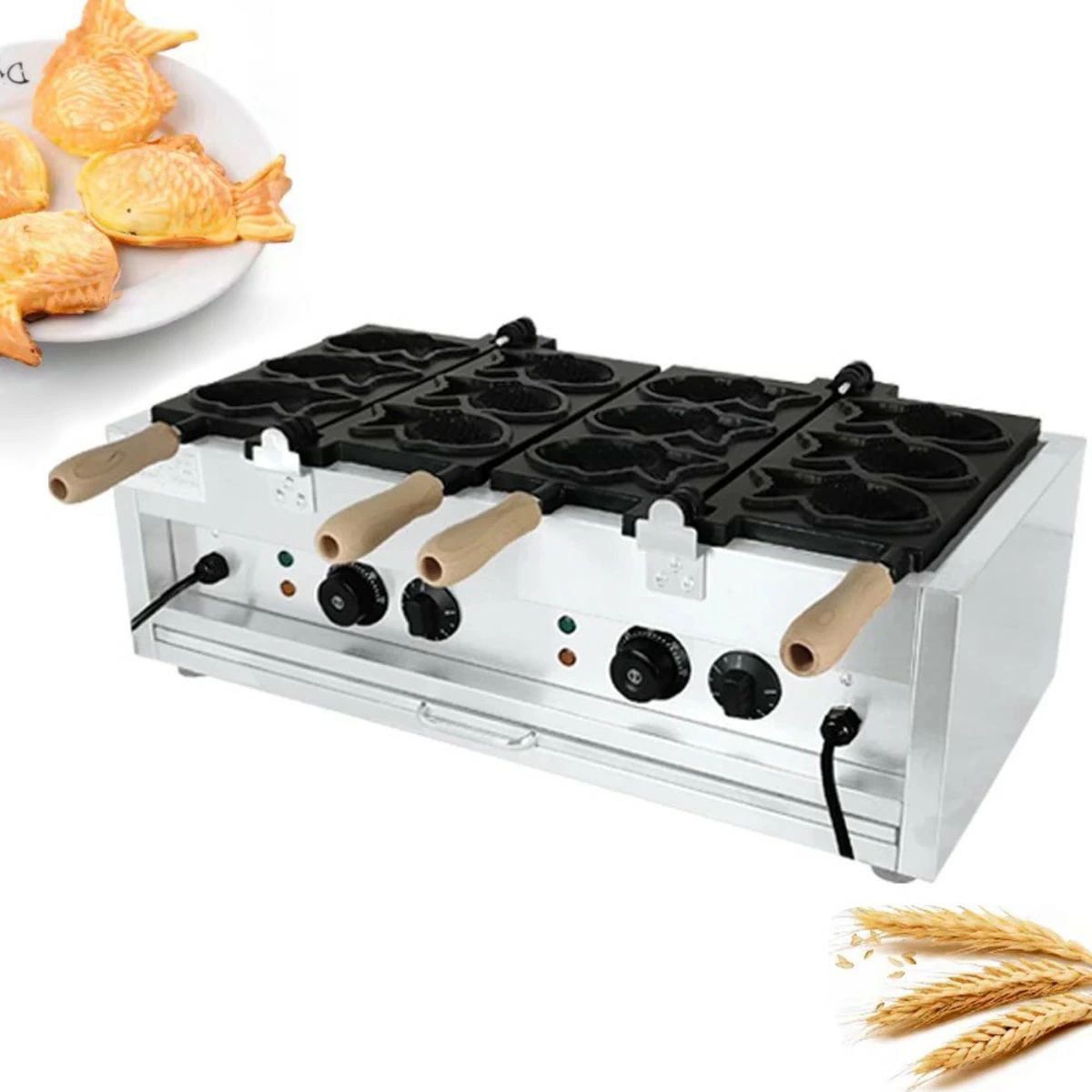 たい焼き器 鯛焼き製造会社 電動鯛焼き機 灯し火たい焼き機 灯し火熱するたい焼き焙煎機 灯し火熱する鯛型ベーキングマシン 6枚焼き重ね合
