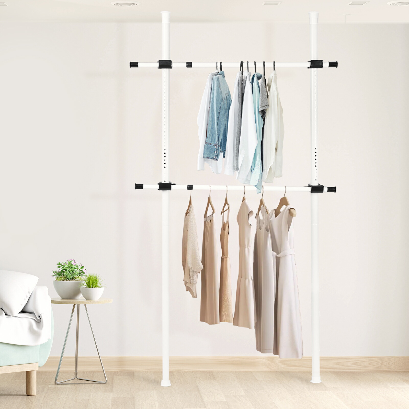 【春のSALE^5倍P＆10％OFF券】 DEWEL ハンガーラック 突っ張り ダブル たっぷり収納 縦横伸縮 総耐荷重100kg 高さ調整可能（約110-310cm） 横伸縮可能（約70-120cm） 衣類収納 表面みがきずな工芸 組立品 説明書付き 新生活 省スペース 収納