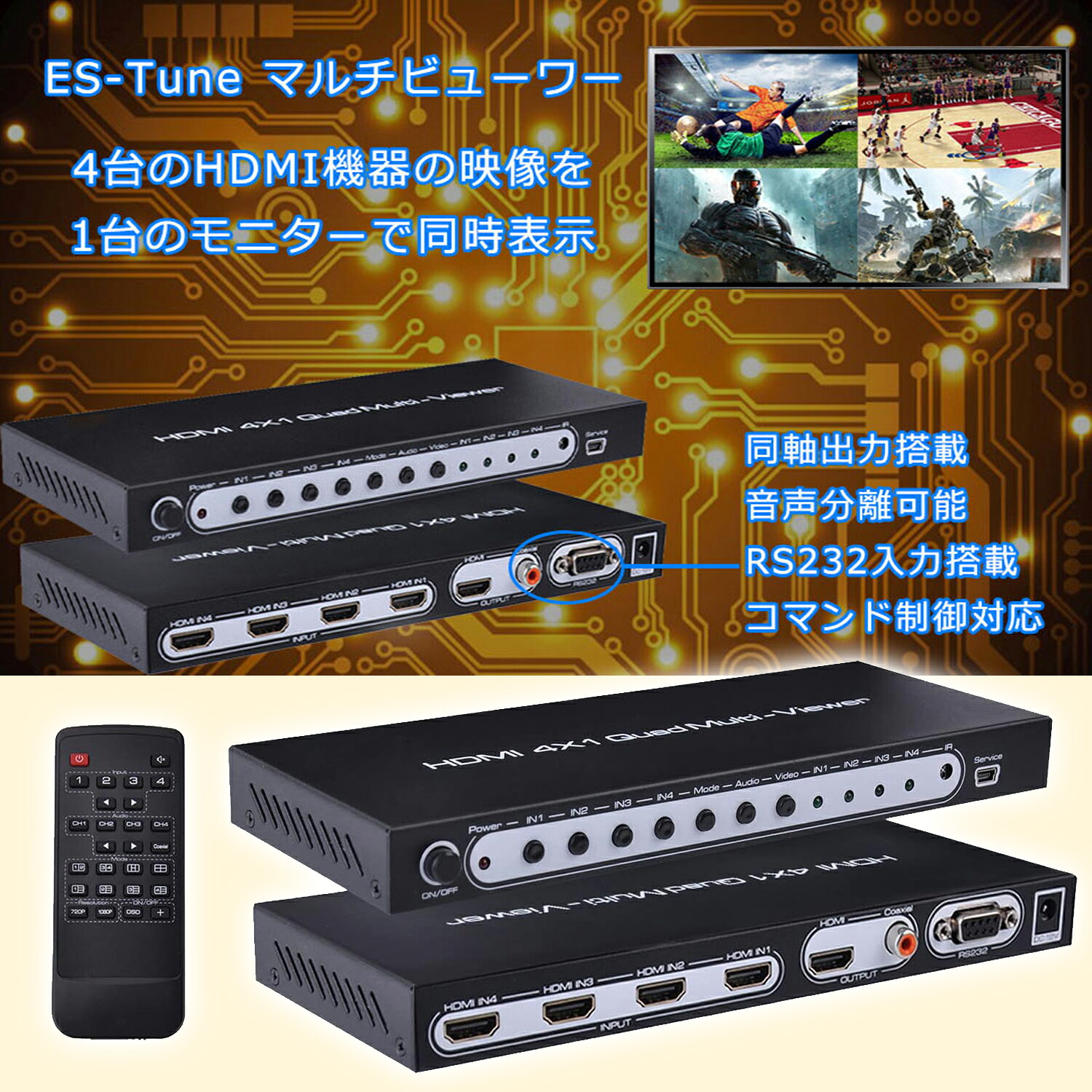 【マラソン5倍P＆10％OFF券付】 ES-Tune HDMI画面分割器 マルチビューワー 画面分割 企業・エンジニア用 音声出力チャンネル切替可能 シームレス切り替え 分配器 リモコン付