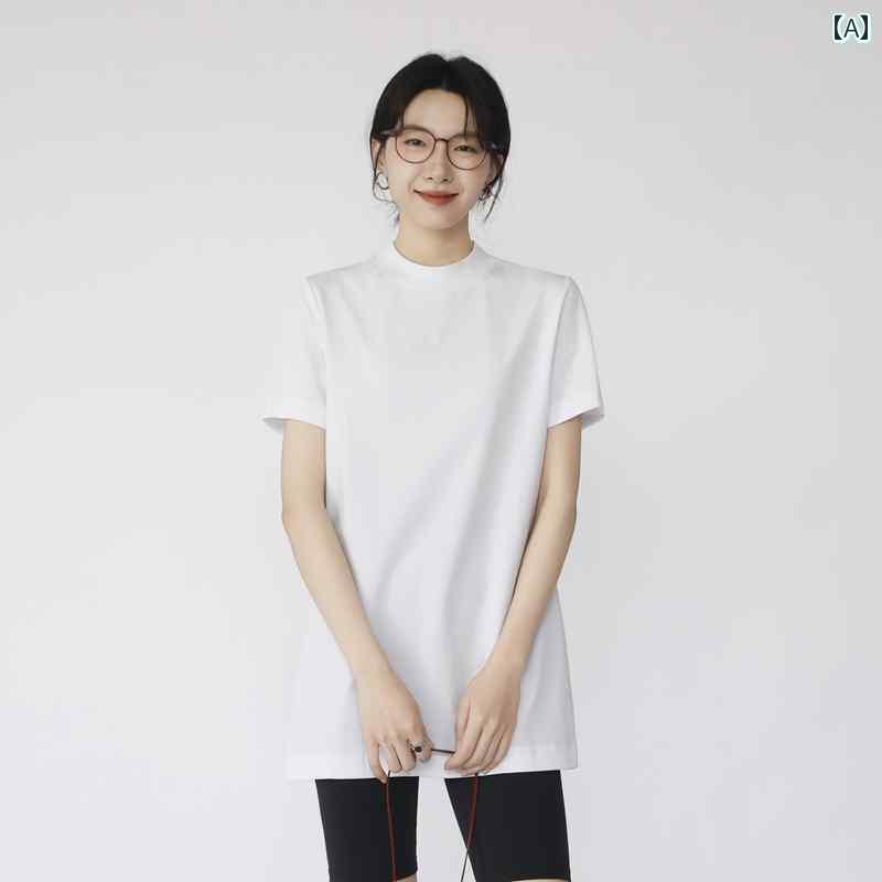 お尻まで 覆う ロング Tシャツ 小さめ スタンド レディース 半袖 綿 ゆったり スリム カラー レイヤード ボトム ミドル丈 トップス