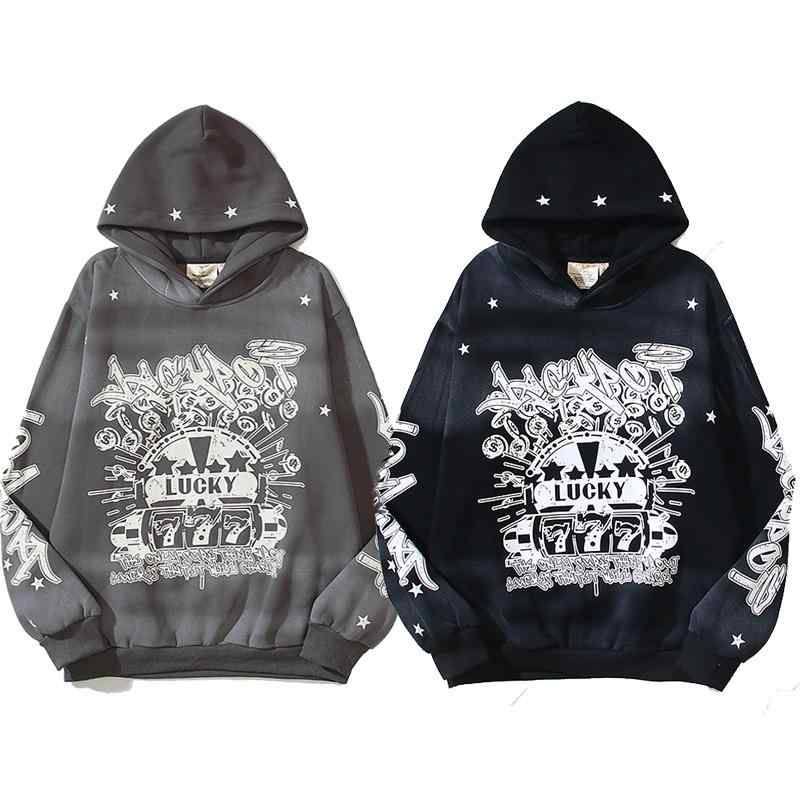 パーカー メンズ 高街 フーディ VTG 秋冬 レトロ プリント ルーズ スウェット レディース ブラック 黒 グレー 綿混紡 長袖 カジュアル スタイル トップス