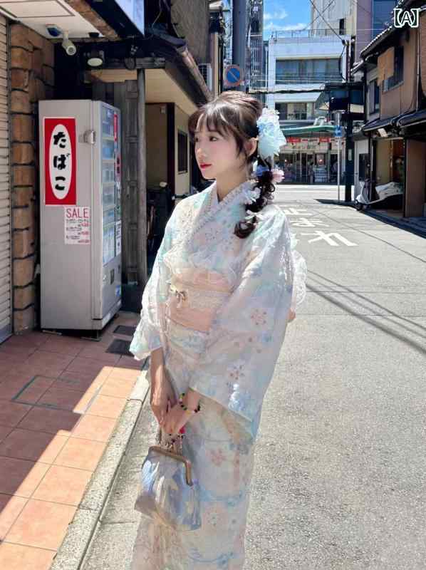 オレンジ ドット 柄の レース 着物 日本の 伝統 改良 浴衣 重厚な 刺繍 大正 ロマン 写真 撮影用 小道具 カジュアル かわいい|P-NEEDS